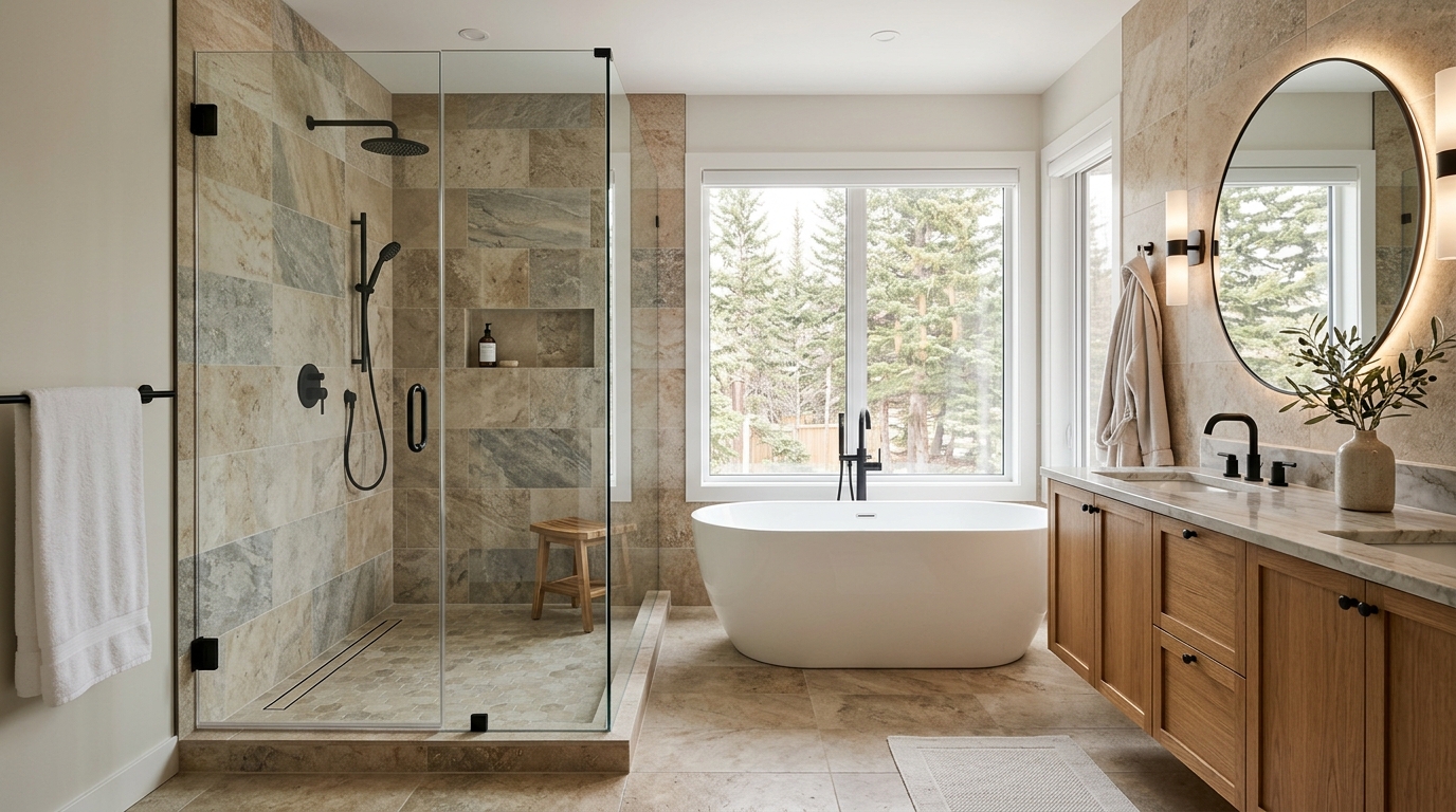 Calgary bathroom renovation with tile shower and warm vanity finish