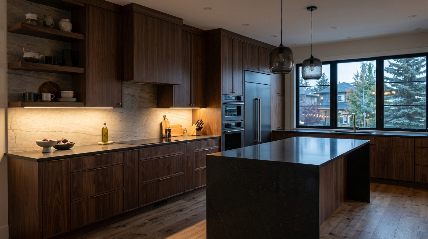 Dark wood kitchen with integrated lighting and clean cabinet runs