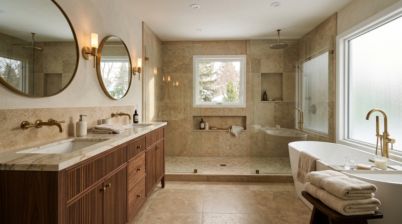 Calm Calgary bathroom renovation with vanity, tile, and warm lighting