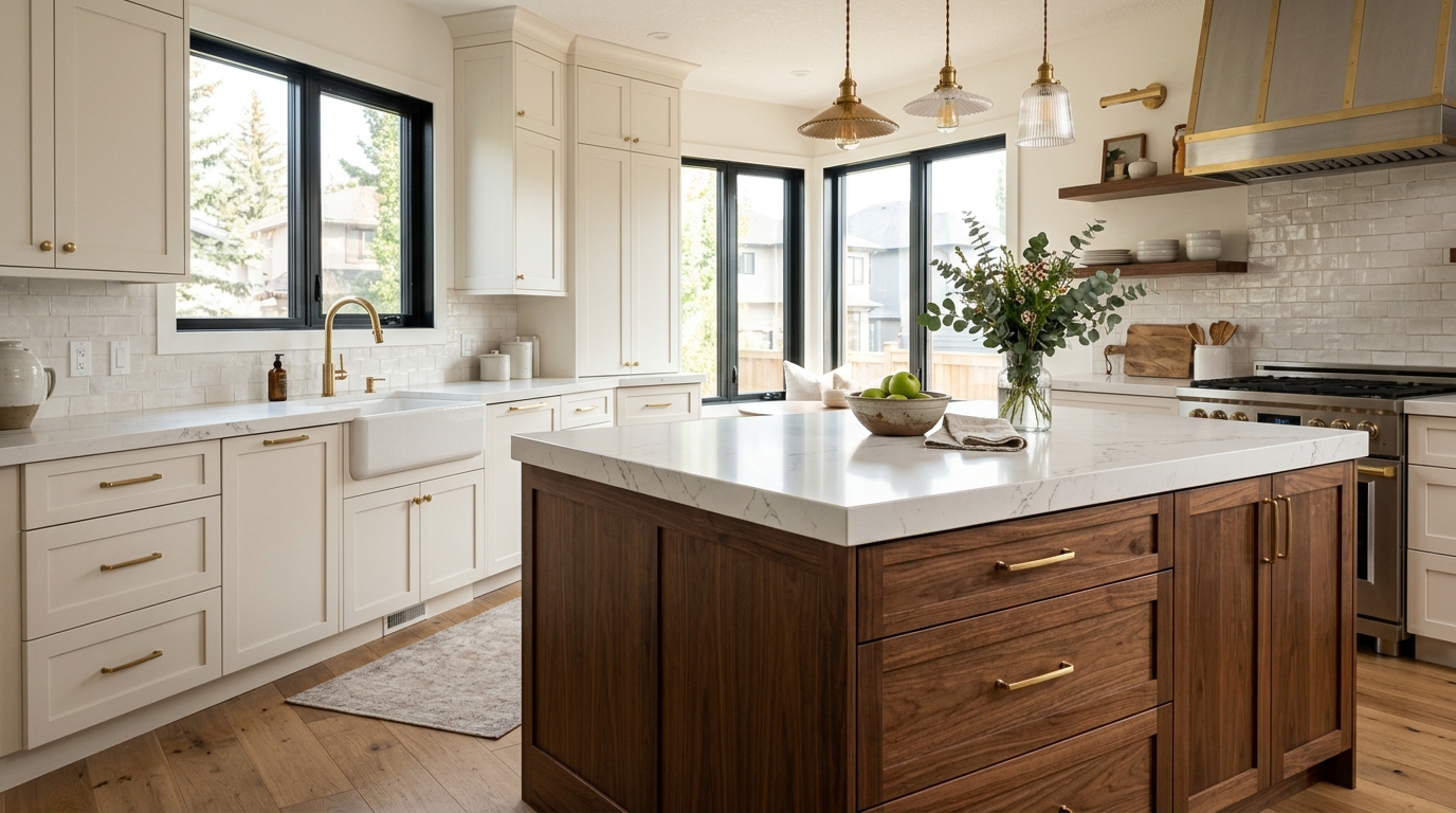 Modern Calgary kitchen renovation with navy cabinetry and a white island counter
