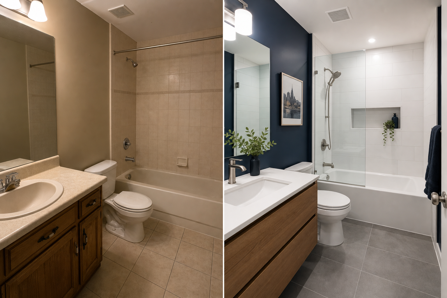 Before-and-after of a Calgary bathroom renovation showing a dated room transformed into a clean, finished space