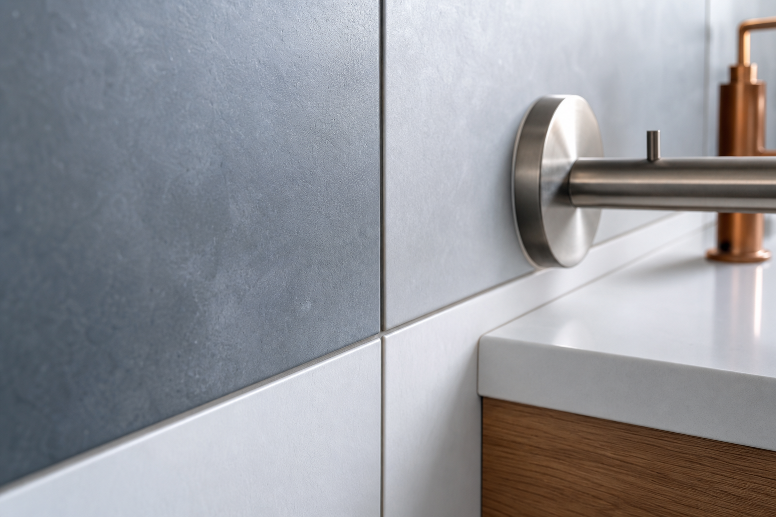 Detail of a finished bathroom showing aligned wall tile, even grout lines, and a clean fixture transition
