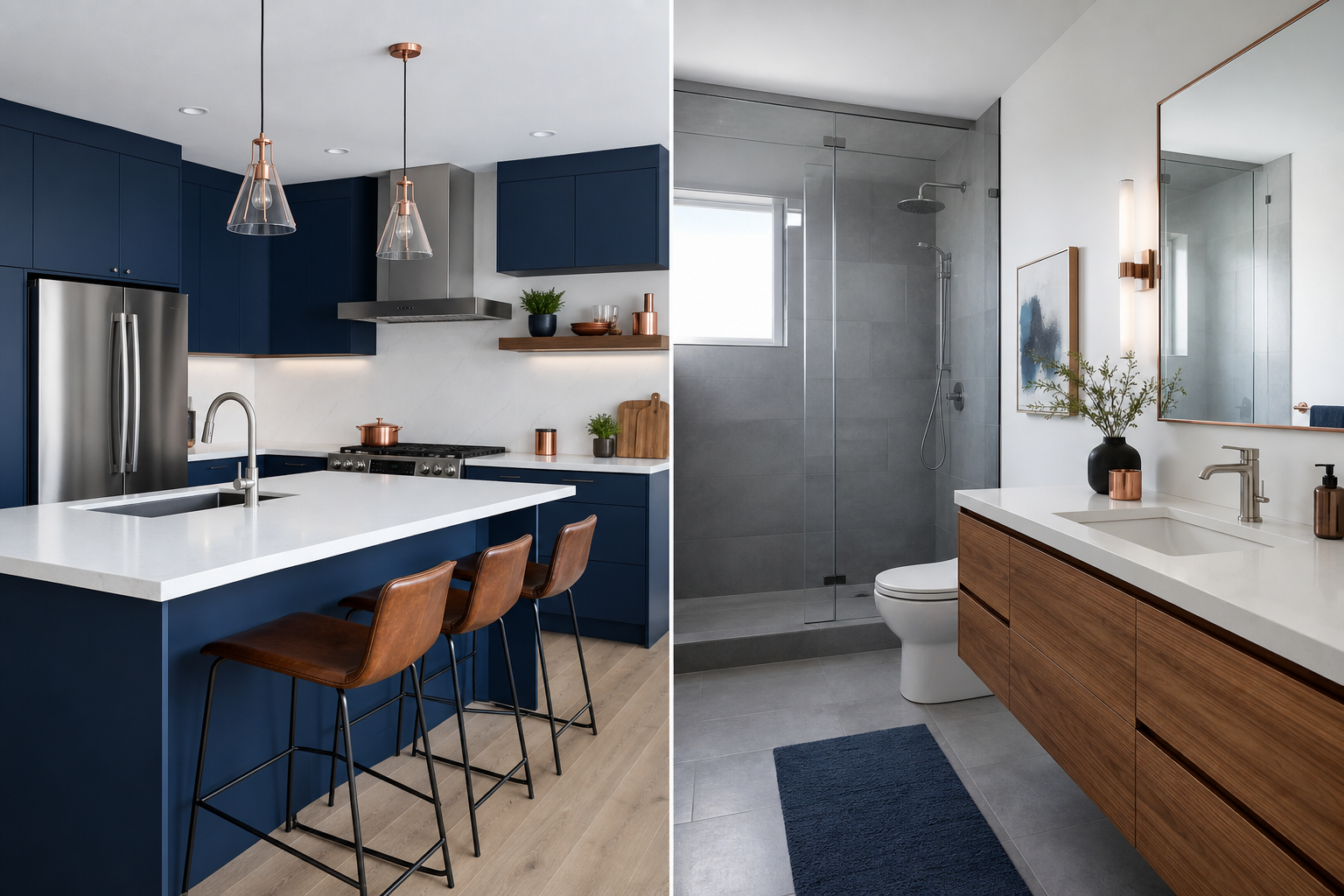 Two-panel view of a renovated Calgary kitchen and a renovated bathroom showing coordinated finishes