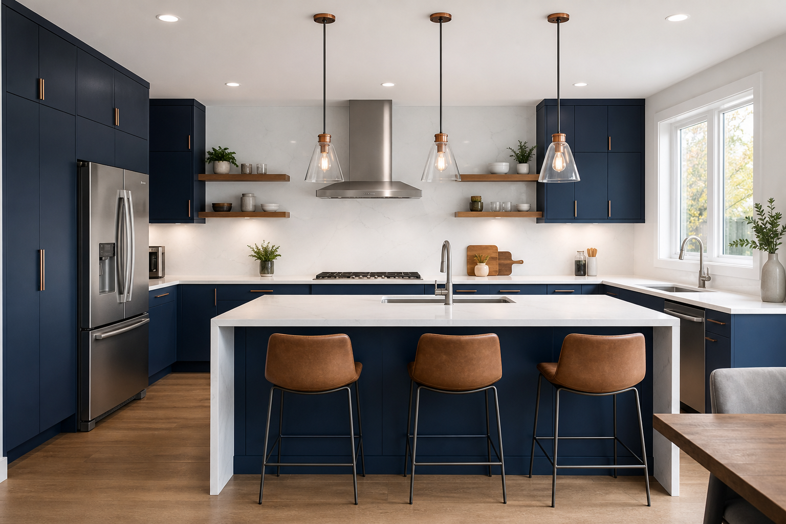 Finished Calgary kitchen renovation showing coordinated cabinetry, countertop, and tile in a cool, professional palette