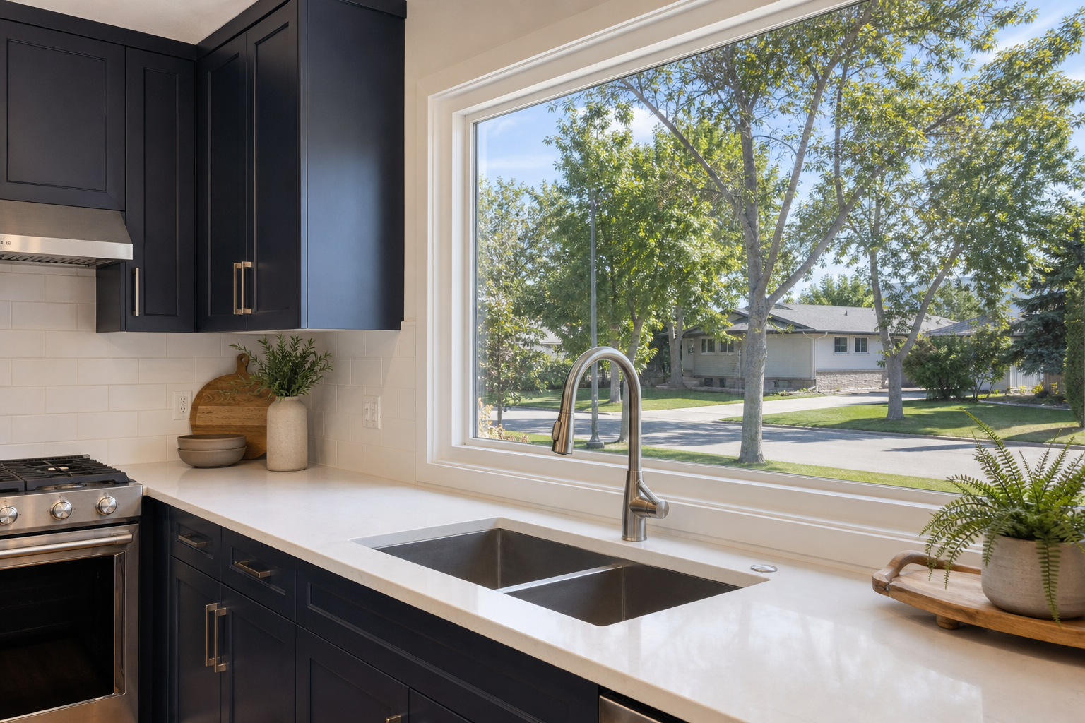 Exterior context of a Calgary residential neighbourhood with a renovated home interior visible through a window
