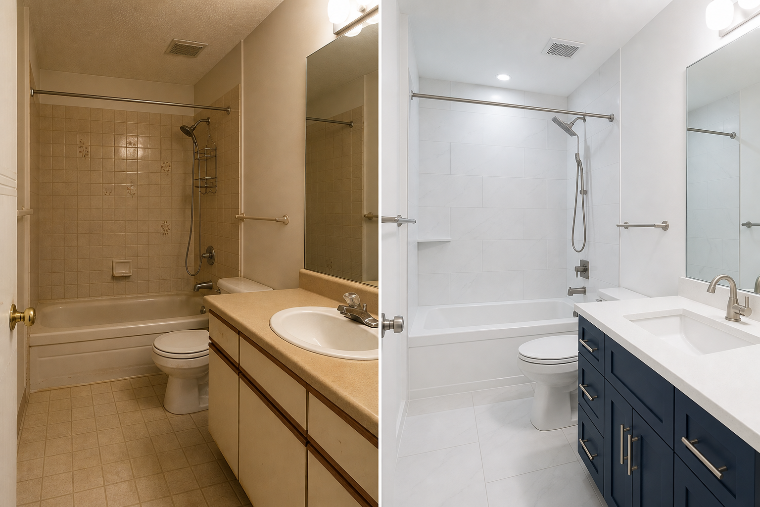 Side-by-side of a dated Calgary bathroom and the same room renovated with new tile, vanity, and lighting