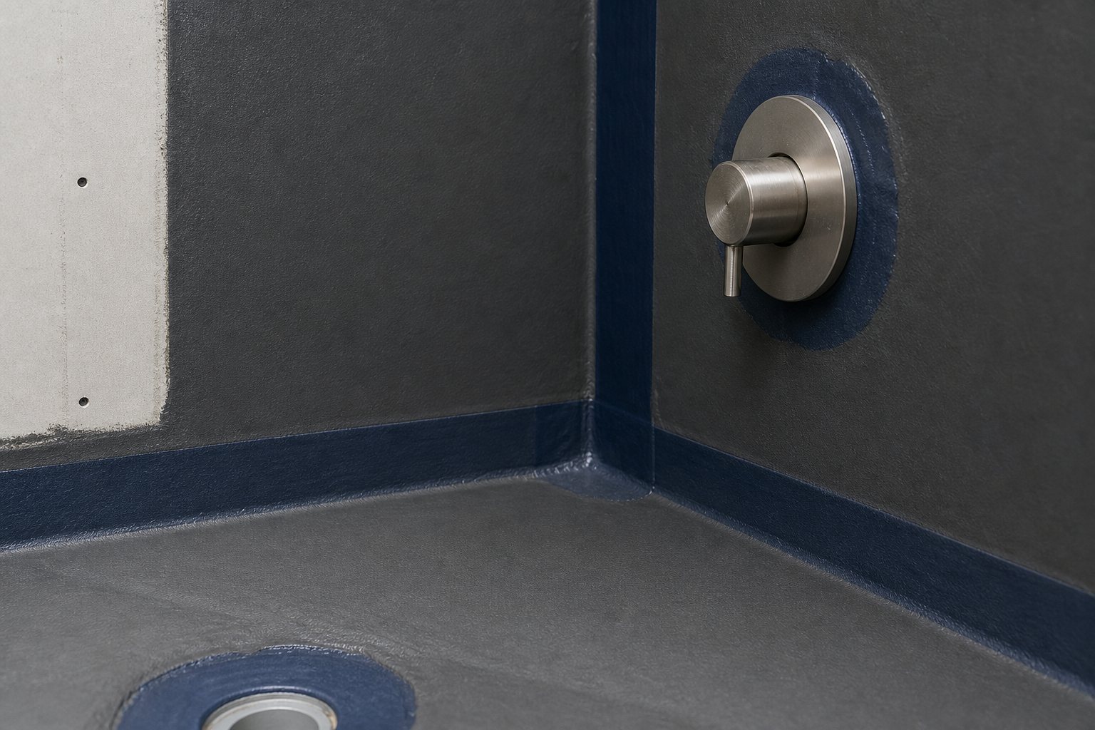 Close-up of waterproofing membrane and sealed corner detail in a Calgary shower before tiling