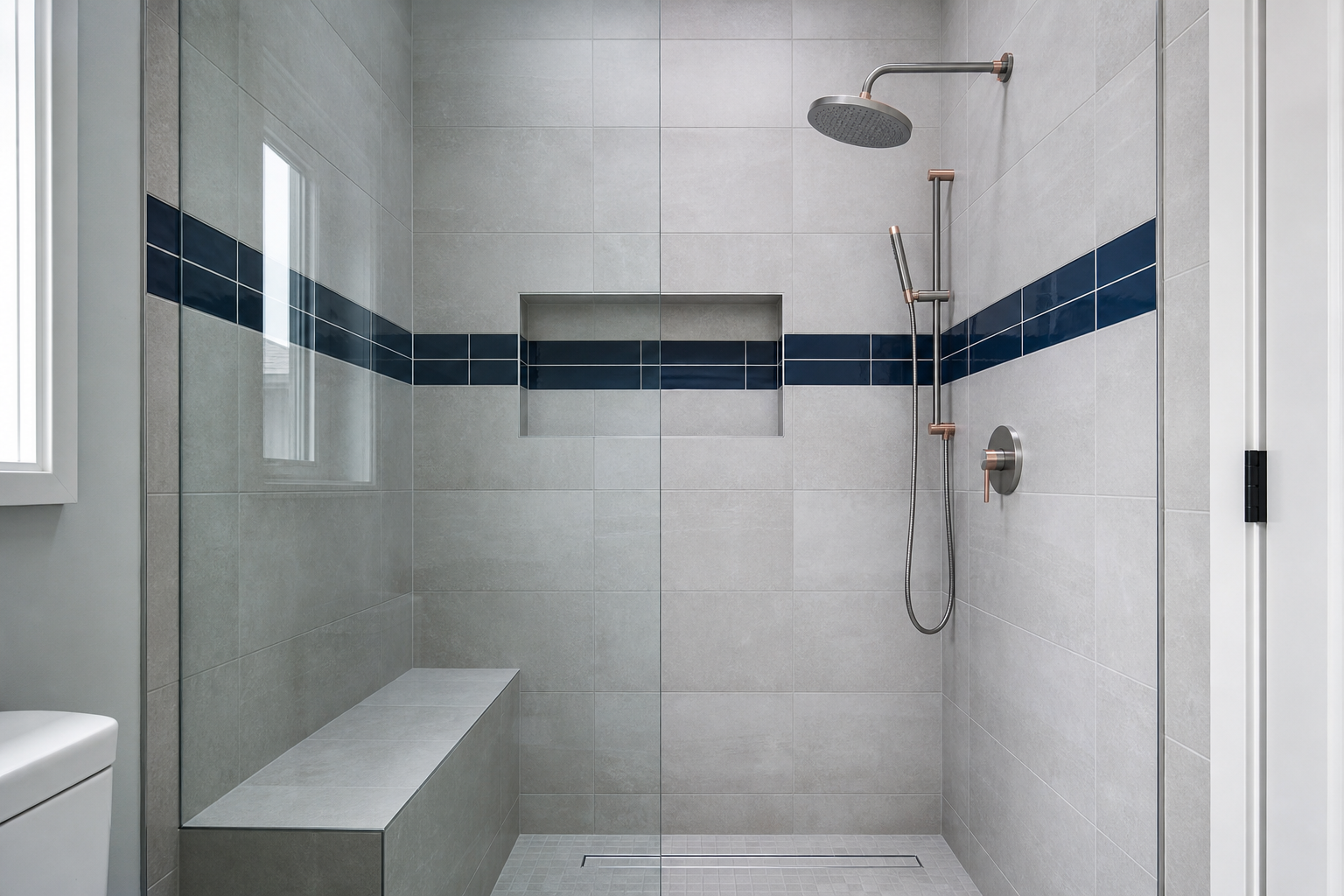 Walk-in glass shower in a Calgary bathroom with a tiled bench, recessed niche, and linear drain