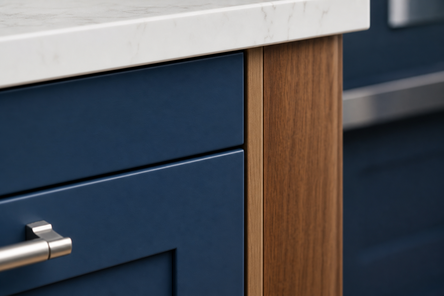 Close-up of joinery and a finish transition in a Calgary kitchen renovation, showing a tight reveal between cabinetry and warm-wood trim against a navy wall