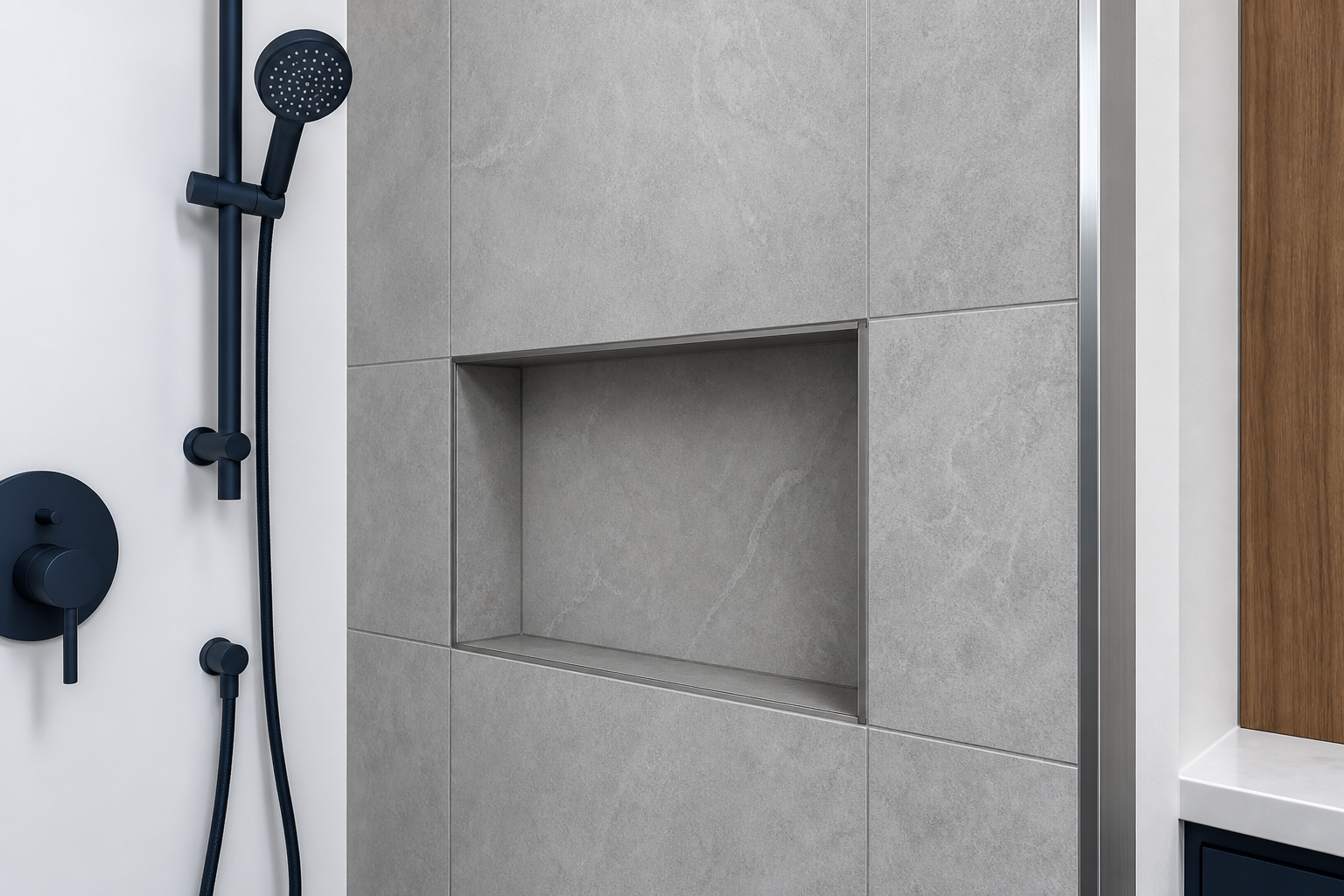 Detail of a Calgary bathroom renovation showing precisely aligned large-format tile, a recessed niche, and a matte navy fixture against crisp white walls