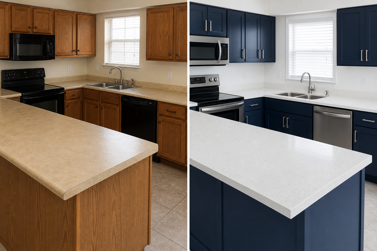Side-by-side of a dated laminate kitchen counter and a replacement quartz countertop in the same Calgary kitchen