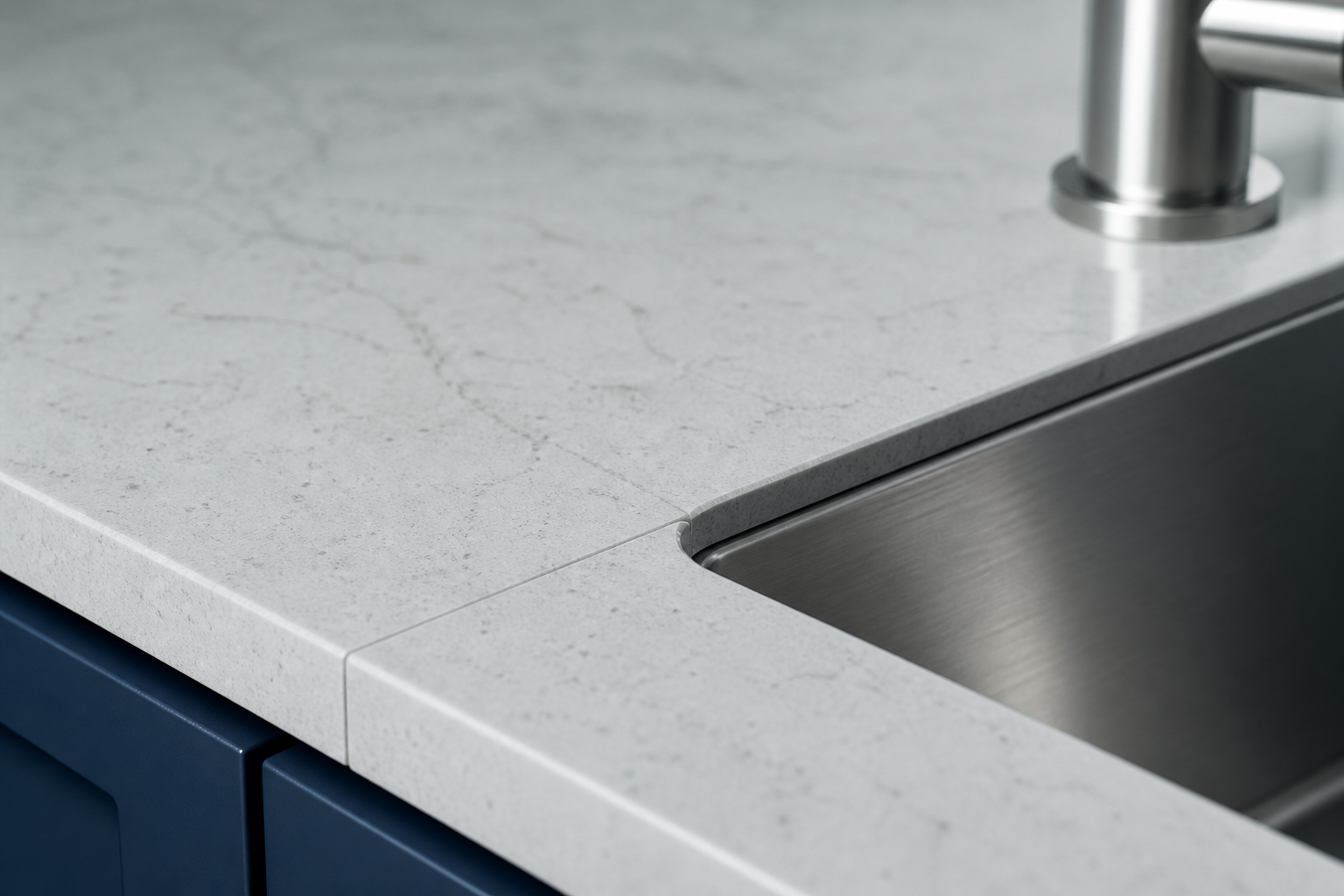 Tight close-up of a clean quartz countertop seam beside an undermount sink reveal in a Calgary kitchen