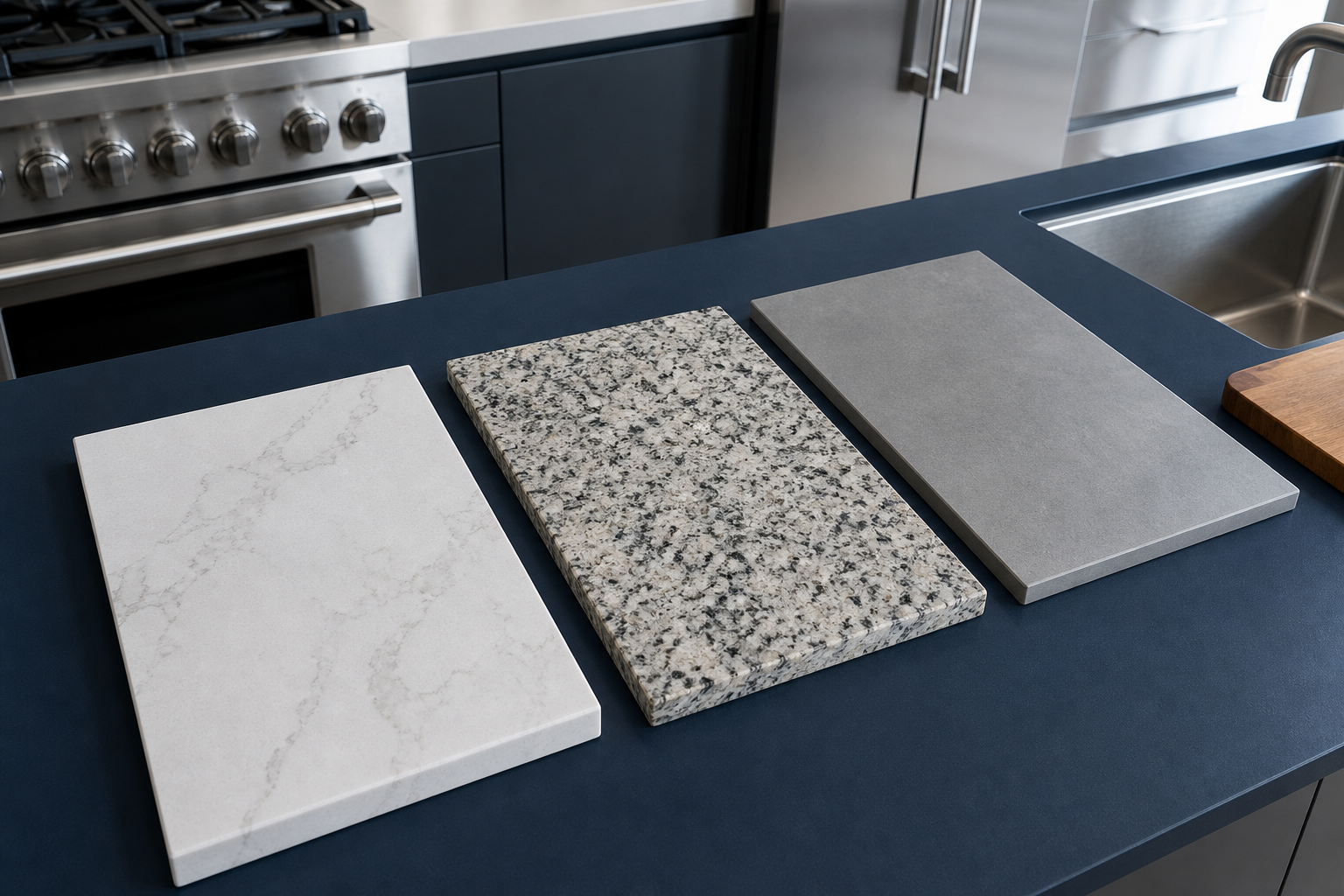 Three countertop material samples — quartz, granite, and porcelain — laid out on a kitchen island in Calgary