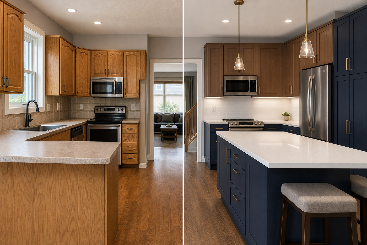 Before and after of a dated Calgary kitchen replaced with custom flat-panel and shaker cabinetry