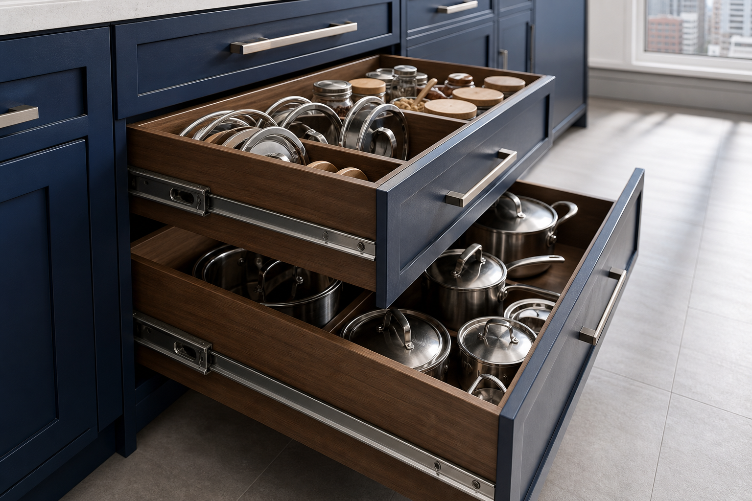 Custom deep drawer bank pulled open showing organized pot storage in a Calgary custom kitchen