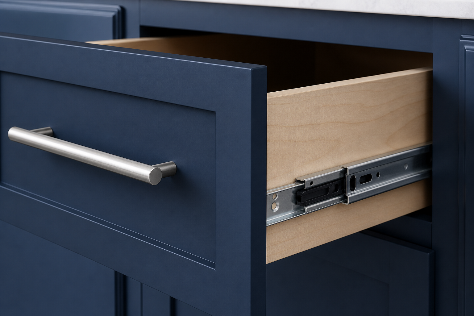 Close-up of brushed steel cabinet pull and soft-close drawer runner on custom Calgary cabinetry