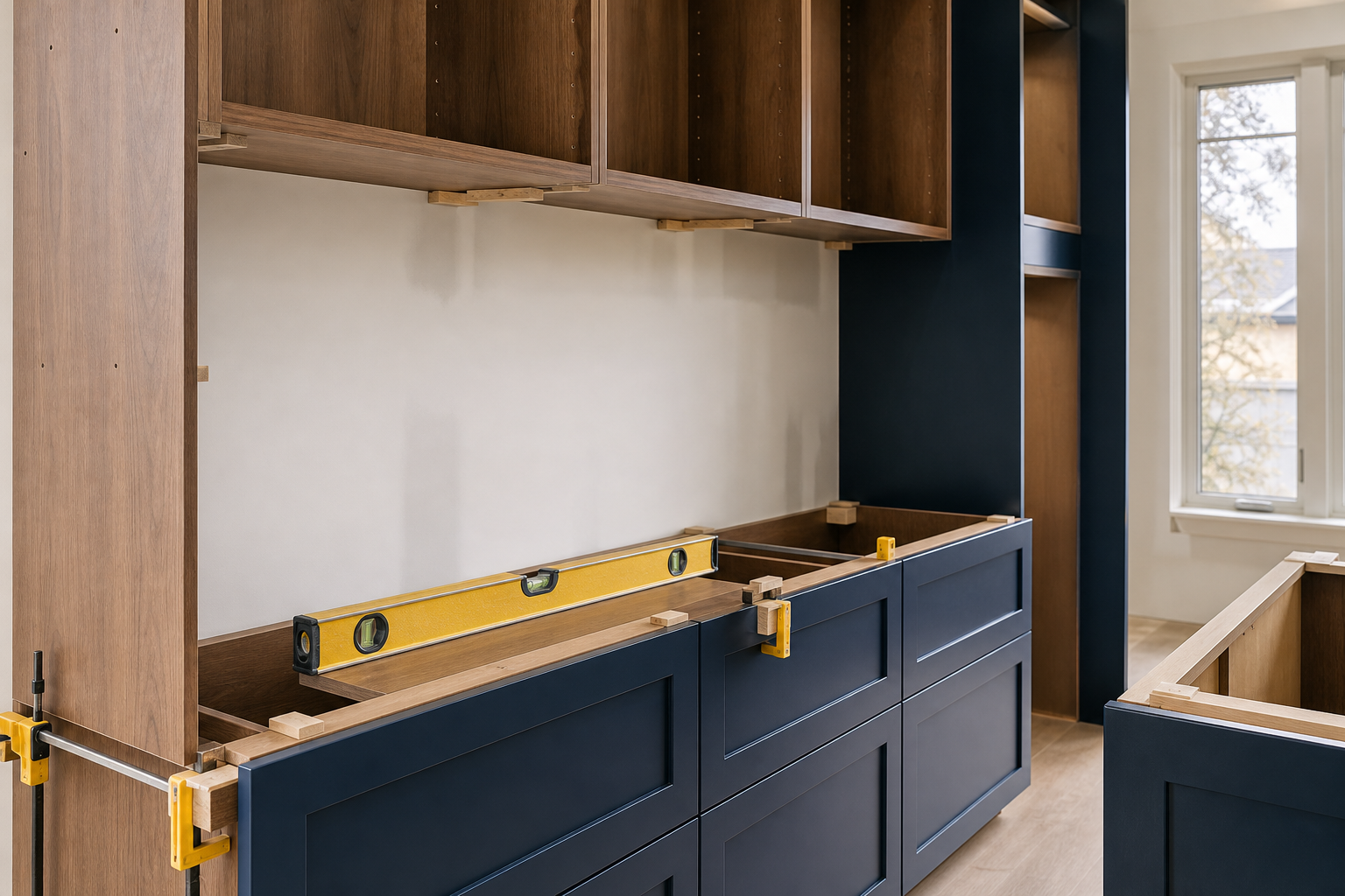 Custom cabinetry being installed and levelled during a Calgary kitchen renovation