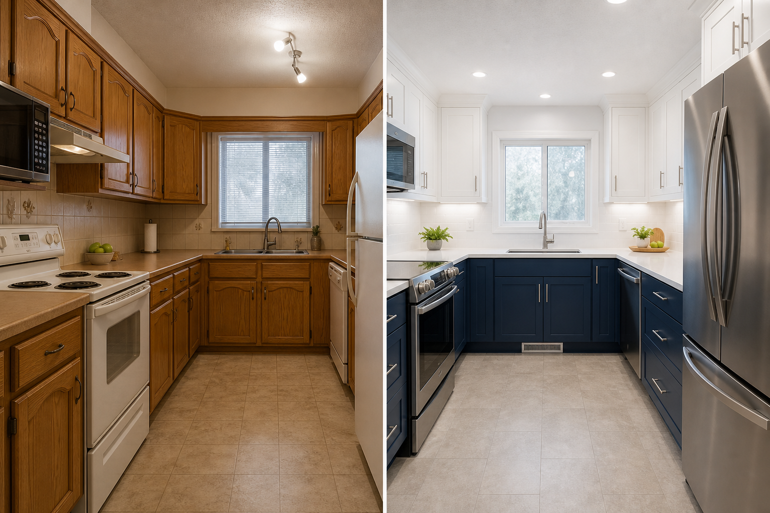 Before and after of a dated Calgary kitchen renovated into a clean navy-and-white layout with new cabinetry and lighting