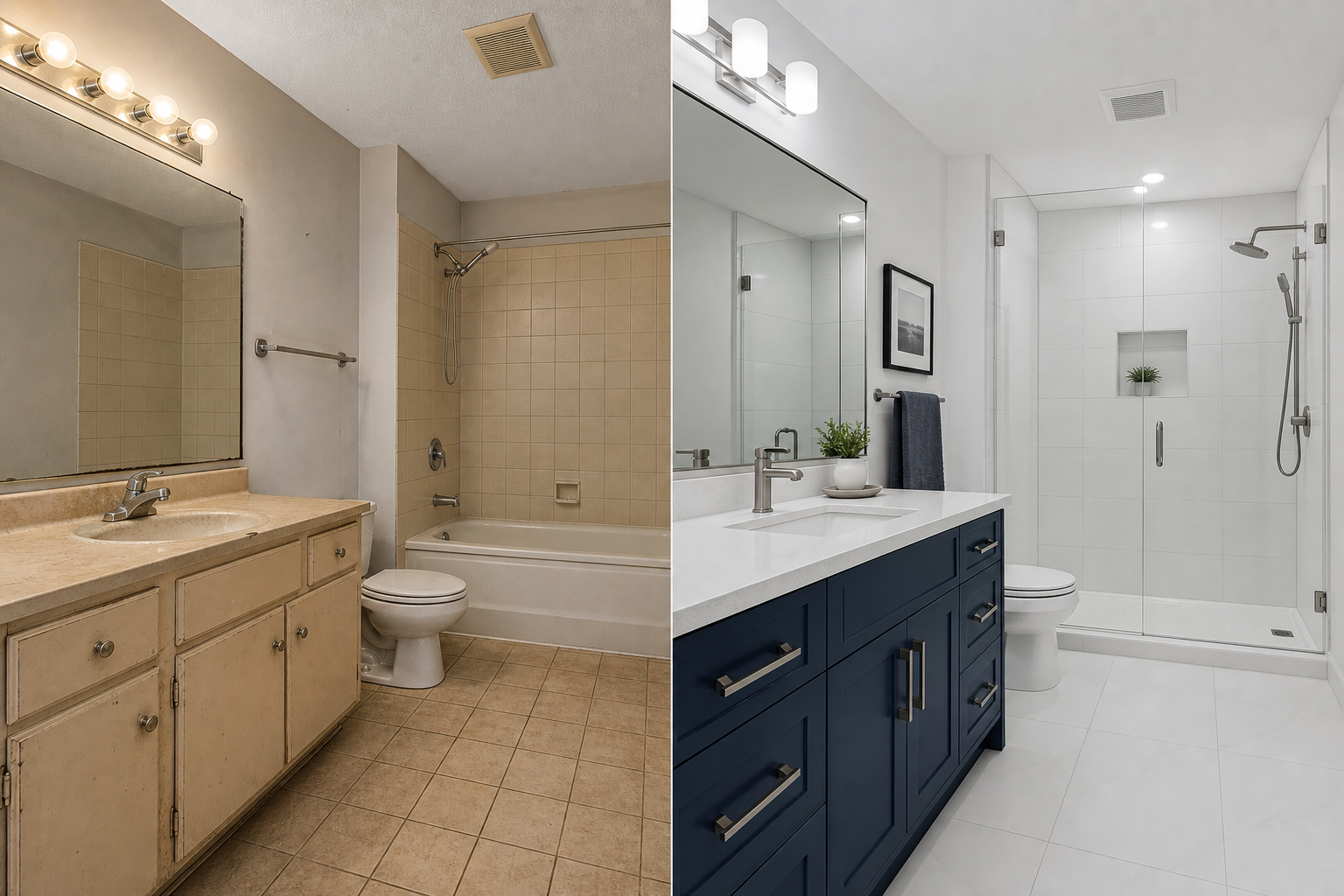 Calgary bathroom renovation before and after, showing a dated layout transformed into a clean tiled space with even grout lines