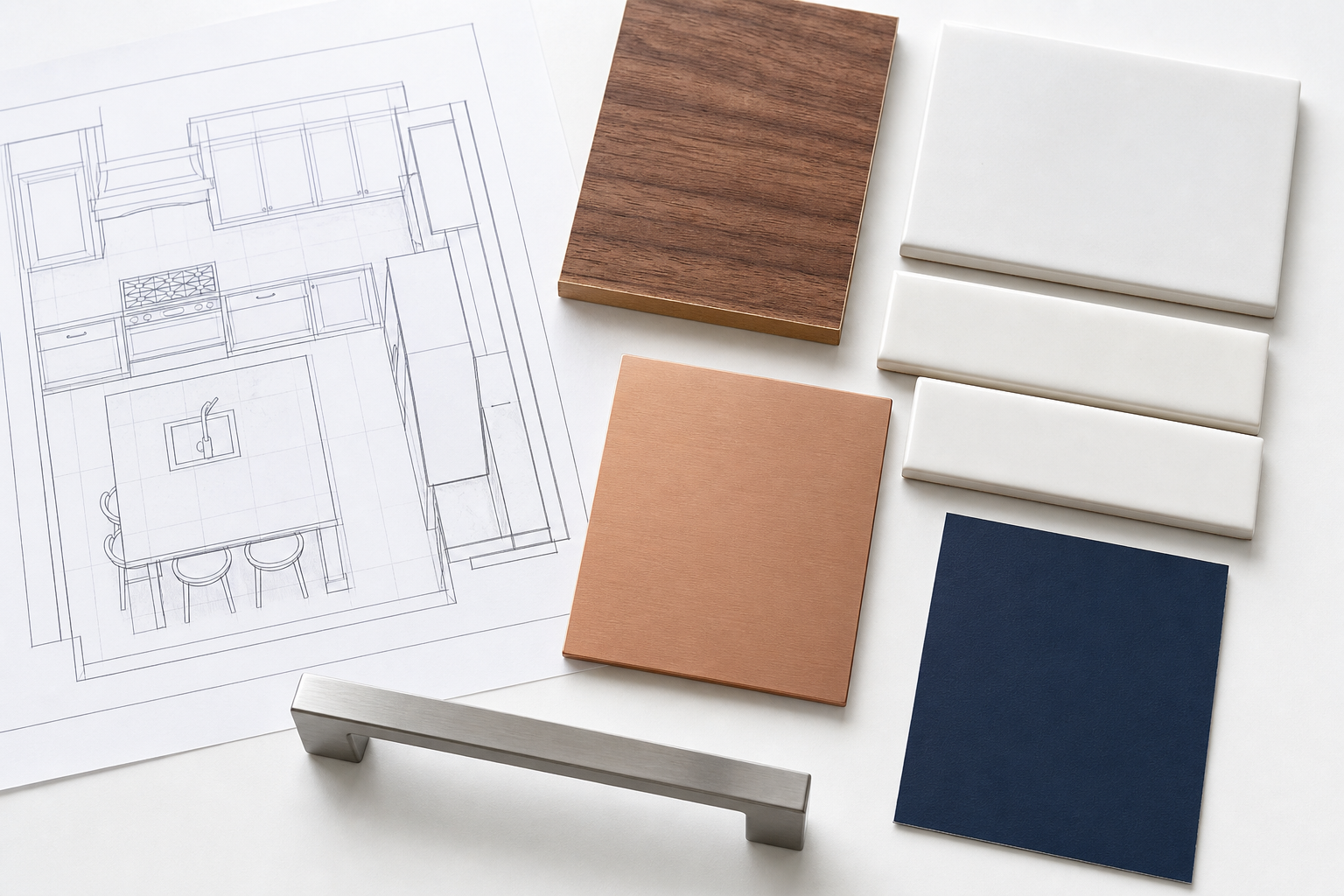 Hands reviewing a kitchen renovation plan with tile and finish samples laid out on a Calgary worksite