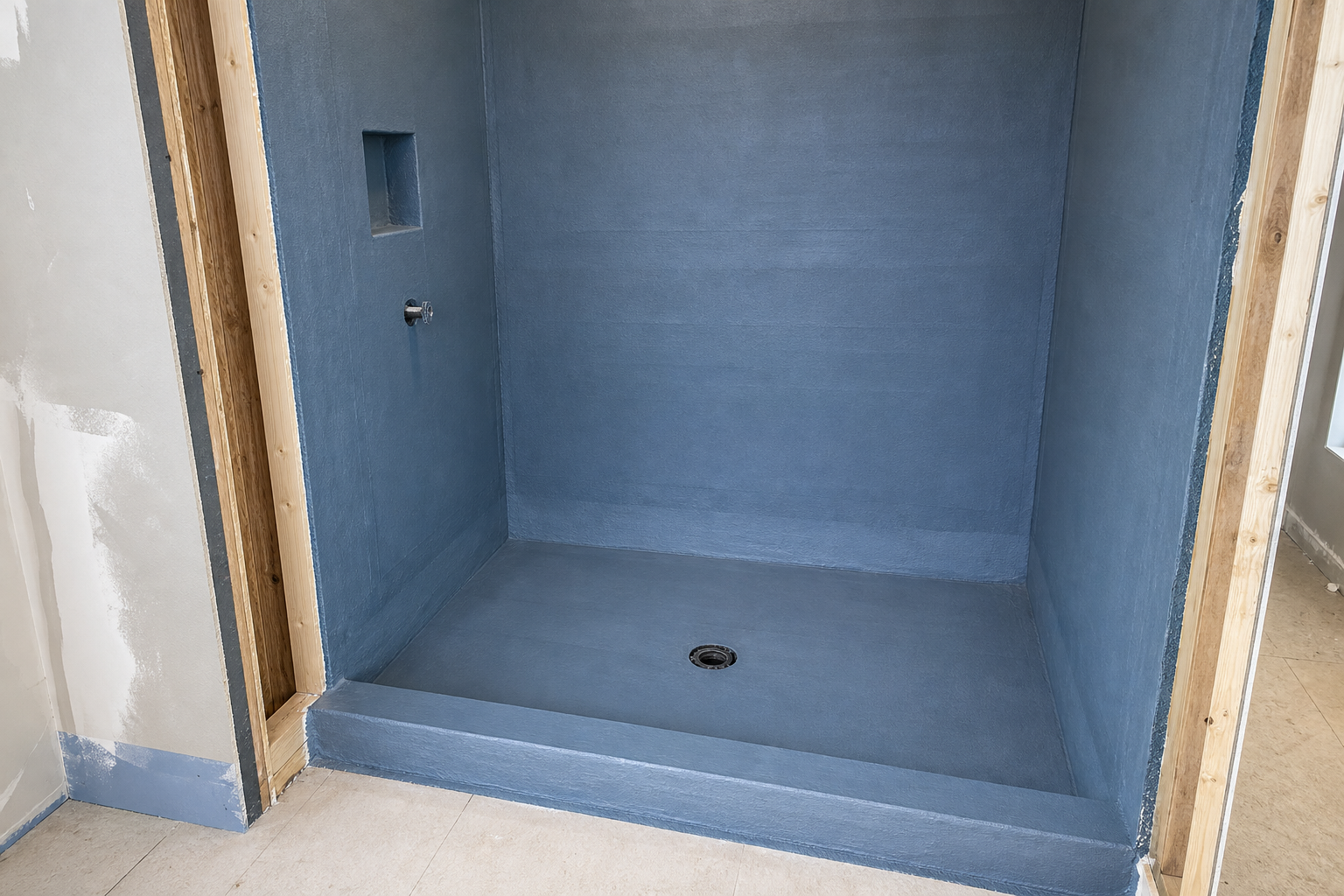 Bathroom rough-in stage in a Calgary renovation showing fresh waterproofing membrane applied to the shower walls