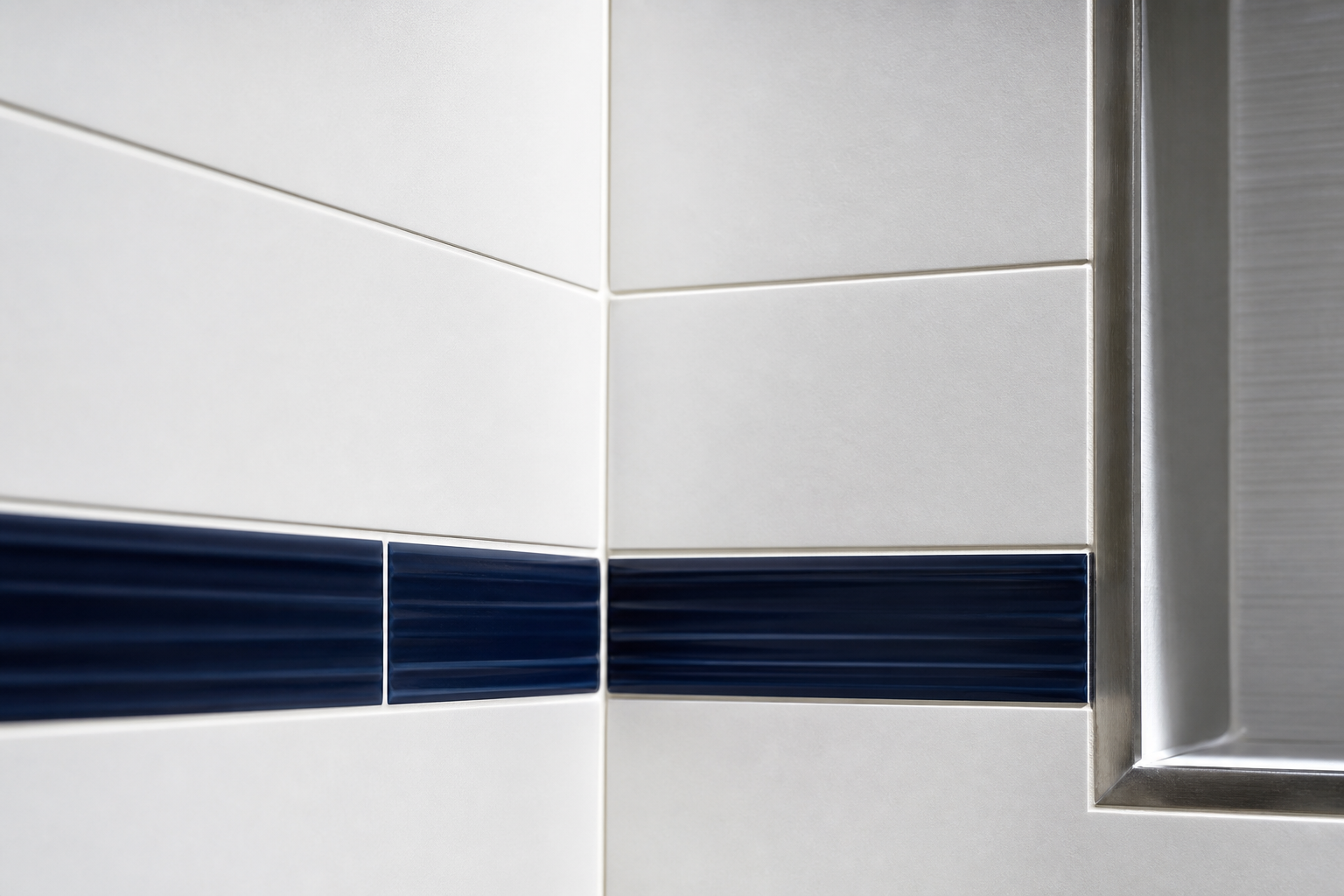 Detail of precisely aligned bathroom wall tile with even grout lines in a finished Calgary renovation
