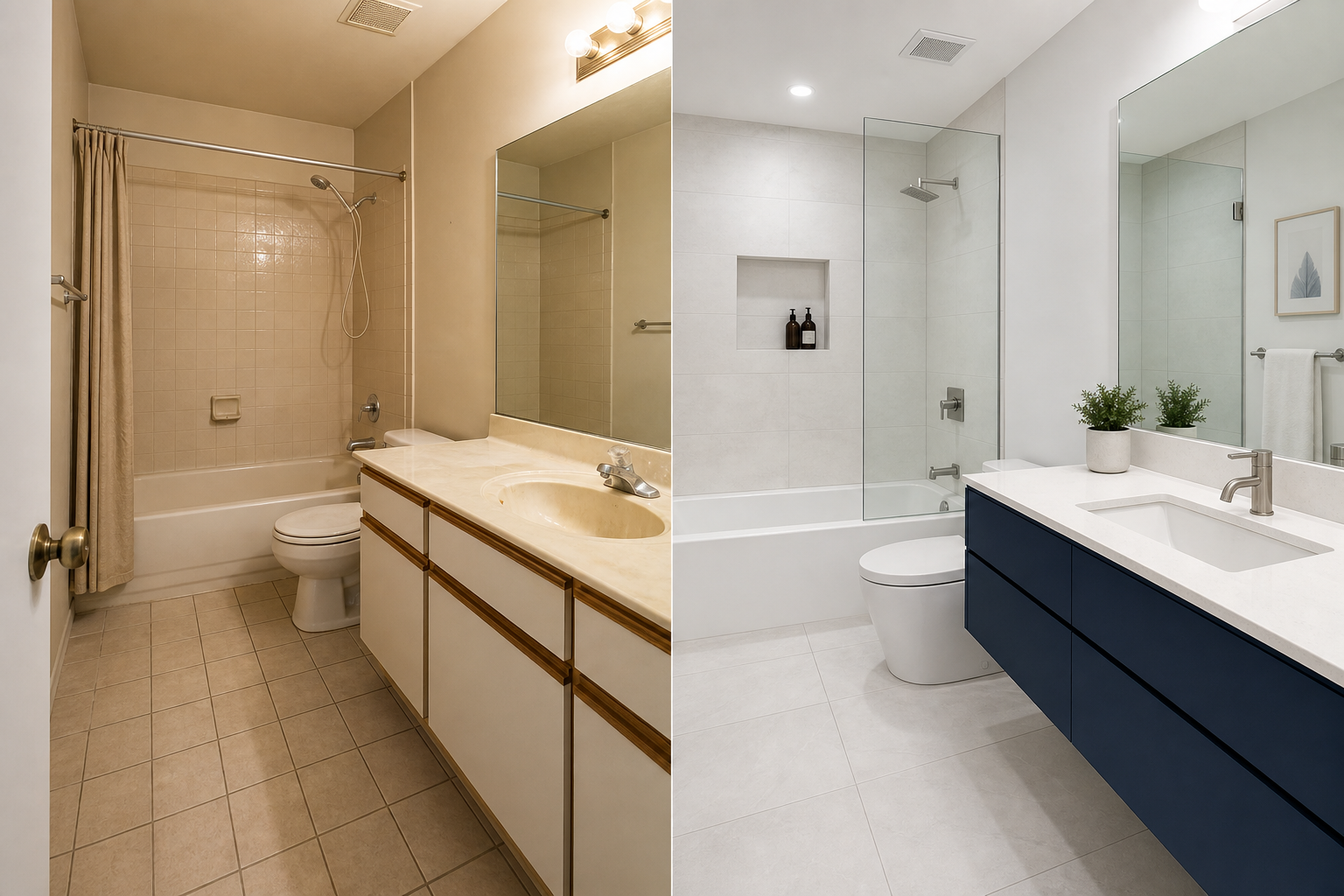 Side-by-side of a dated Calgary bathroom and the same room renovated with large-format tile and a floating vanity