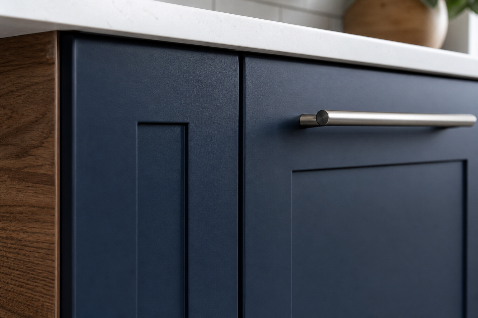 Close-up of aligned shaker cabinet doors, quartz countertop edge and a brushed steel pull on a navy kitchen base