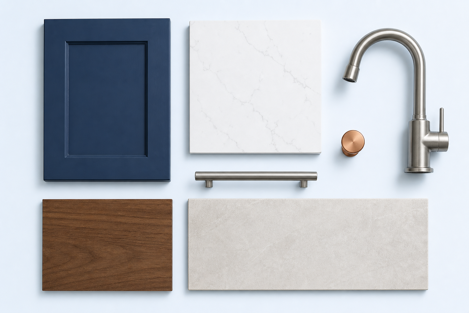 Flat-lay of renovation materials: navy cabinet sample, white quartz, warm wood, large-format tile and brushed steel hardware