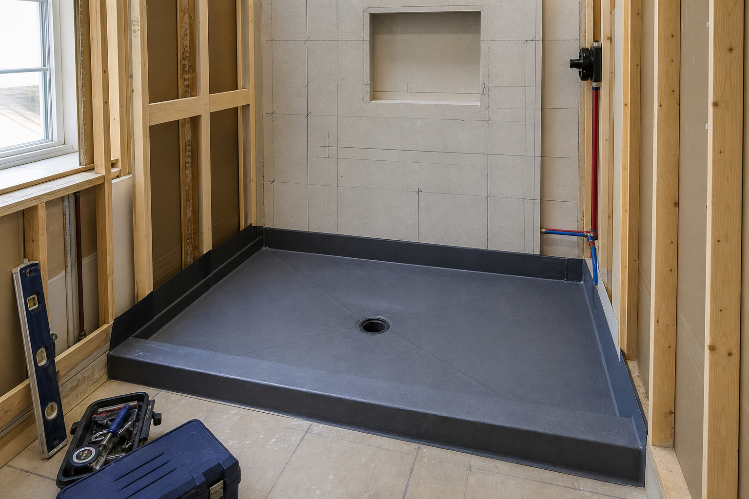 Renovation in progress showing a waterproofed shower base and level lines marked on framing before tile