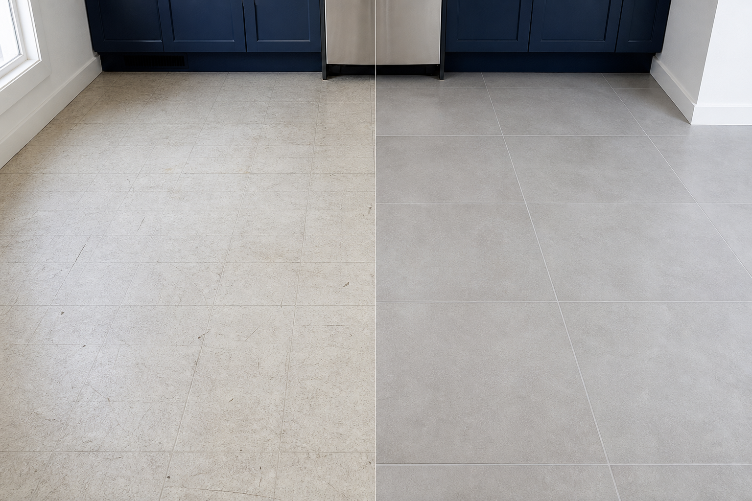 Before and after of a Calgary kitchen floor, dated worn vinyl on one side and new level large-format porcelain tile on the other