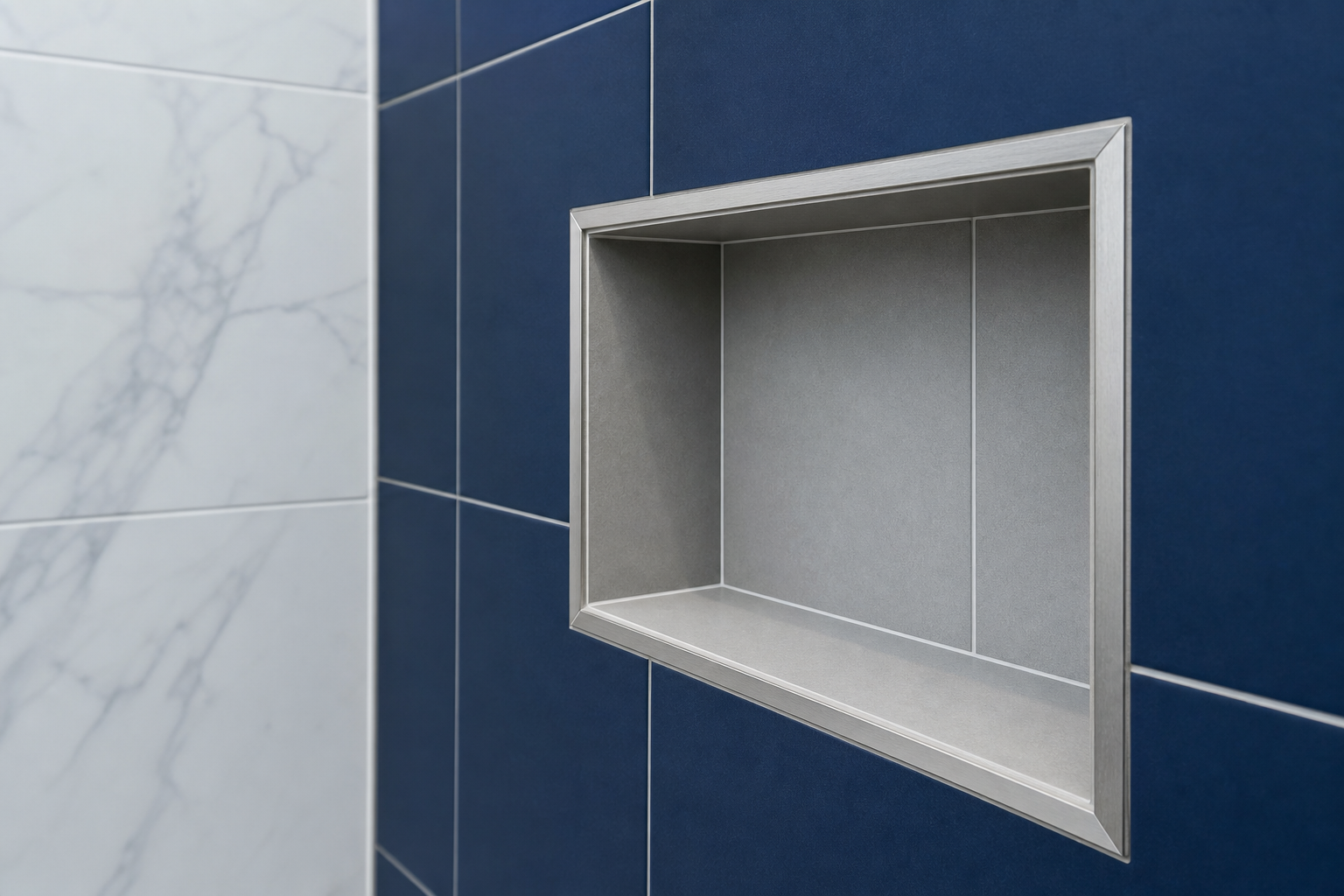 Detail of a tiled shower niche with mitred edges and uniform grout joints meeting a navy-tiled shower wall
