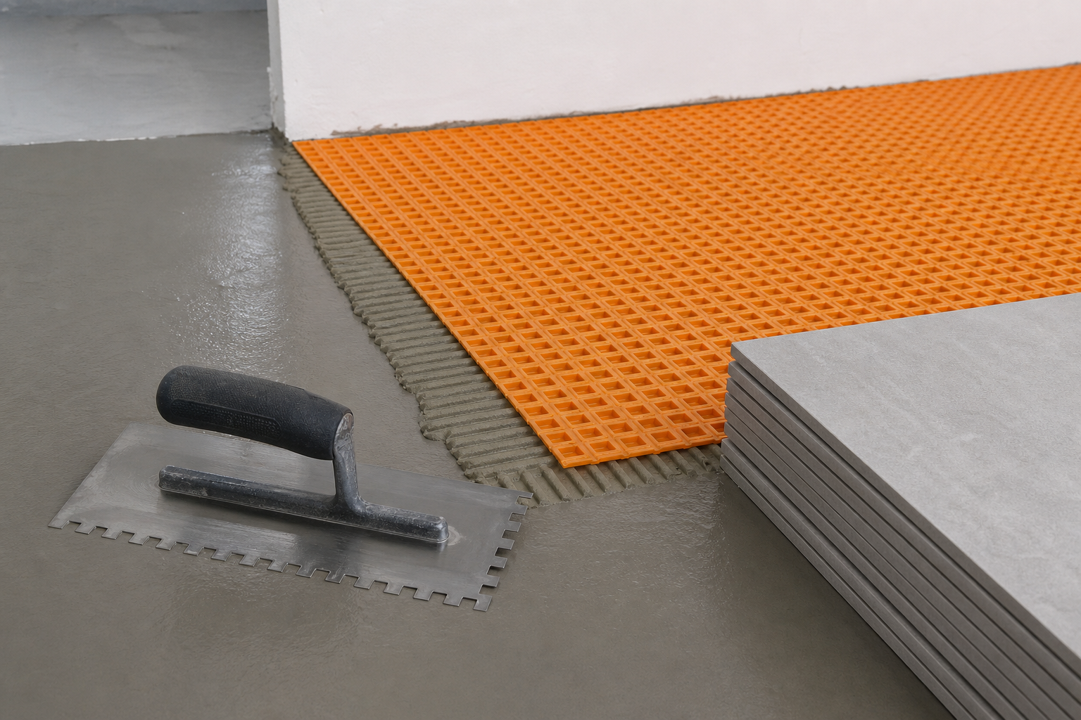 Orange uncoupling membrane being applied over a leveled subfloor before large-format tile installation