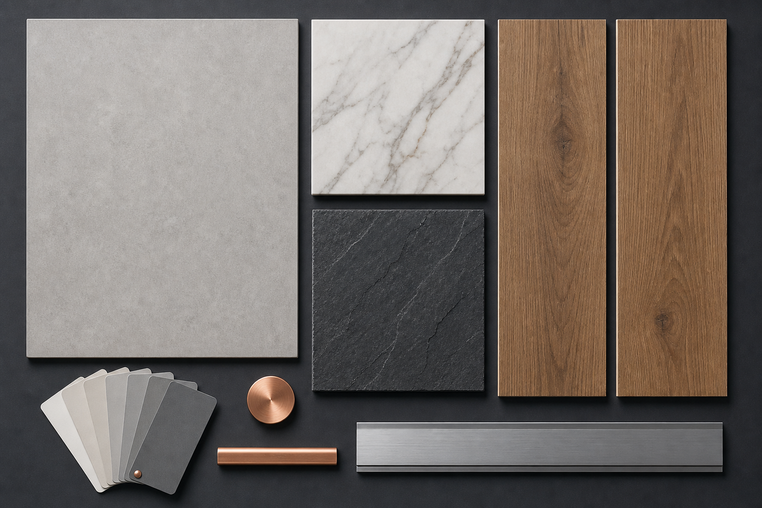 Samples of porcelain tile, natural stone, and luxury vinyl plank arranged on a graphite surface with copper and warm-wood tones
