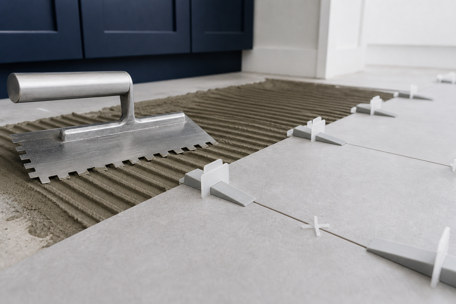 A tiler using leveling clips and a trowel to set large-format porcelain floor tile with even spacing in a Calgary renovation